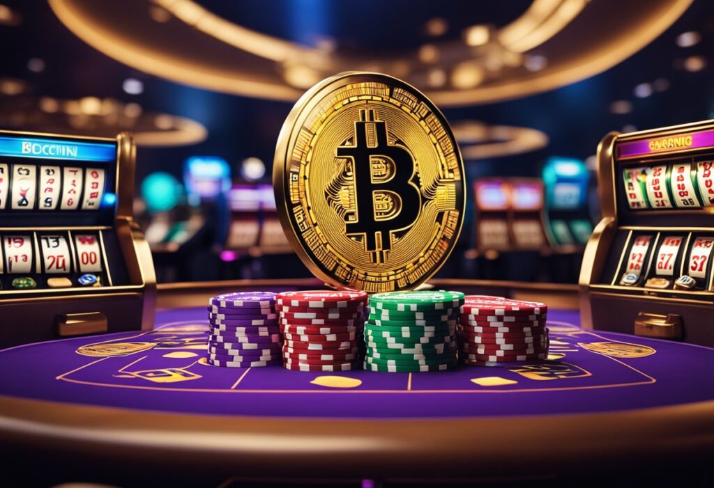 bitcoin coin on top of casino chips