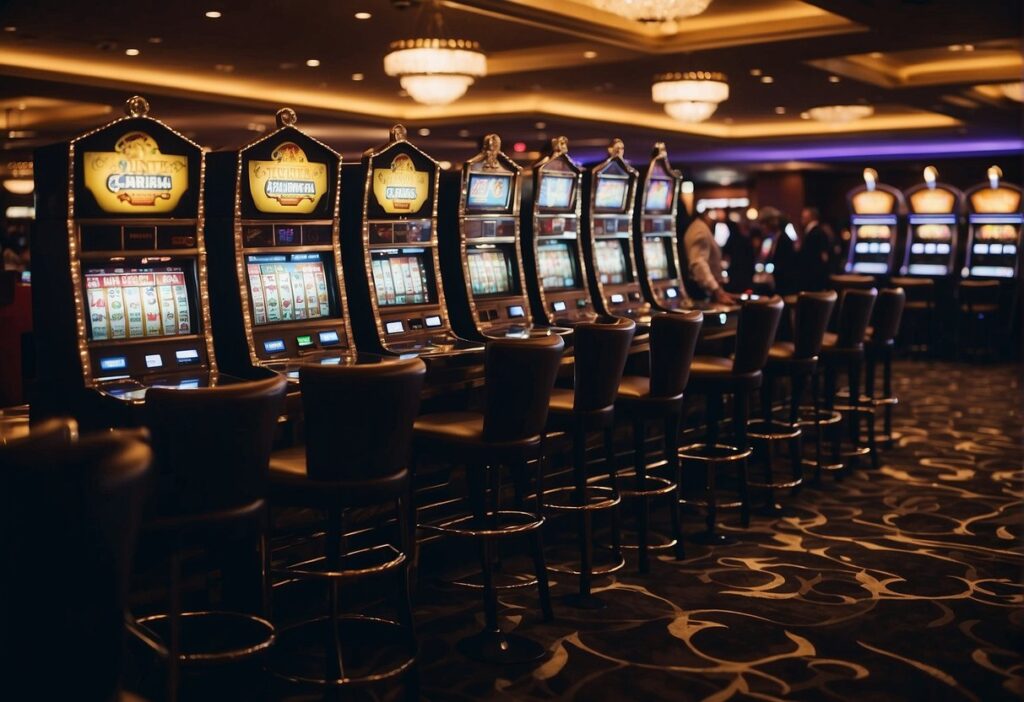 Seven slot machines in a casino with no players.