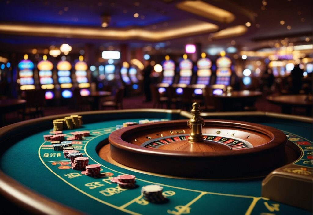 A bustling casino floor with colorful slot machines, card tables, and a roulette wheel.